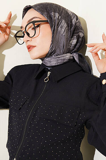 Karışık Desen Bambu Kraş Ayda Eşarp Siyah - Başörtüsü