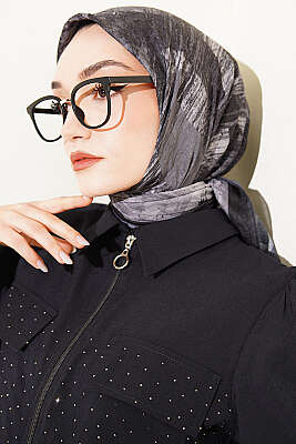 Karışık Desen Bambu Kraş Ayda Eşarp Siyah - Başörtüsü