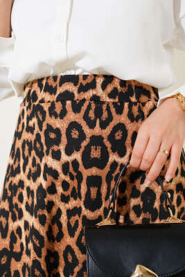 Karışık Desen Bel Lastikli Etek Leopar - Uzun Etek