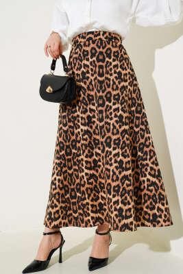 Karışık Desen Bel Lastikli Etek Leopar - Uzun Etek