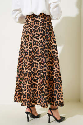 Karışık Desen Bel Lastikli Etek Leopar - Uzun Etek