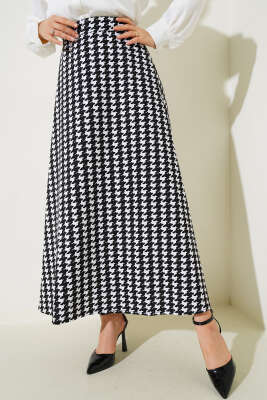 Karışık Desen Bel Lastikli Etek Siyah Beyaz - Uzun Etek