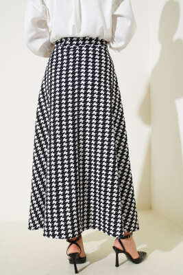 Karışık Desen Bel Lastikli Etek Siyah Beyaz - Uzun Etek