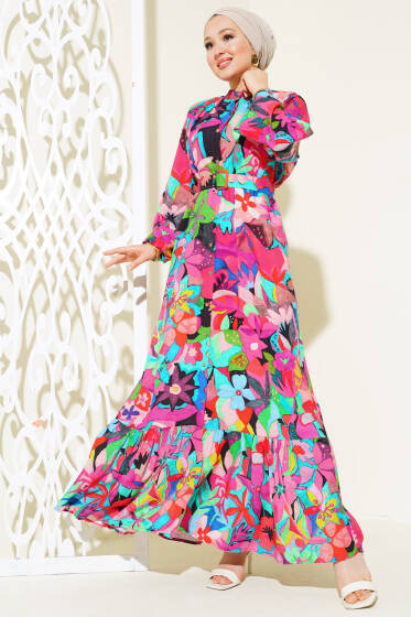 Karışık Desen Boydan Düğmeli Elbise Fuşya - Tesettür Elbise