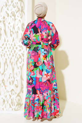 Karışık Desen Boydan Düğmeli Elbise Fuşya - Tesettür Elbise