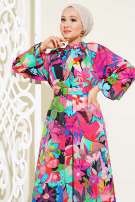 Karışık Desen Boydan Düğmeli Elbise Fuşya - Tesettür Elbise