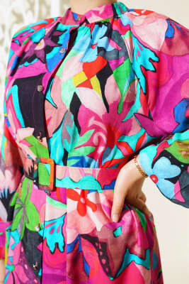 Karışık Desen Boydan Düğmeli Elbise Fuşya - Tesettür Elbise