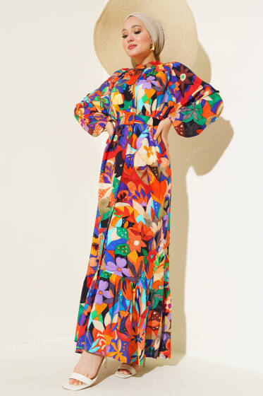 Karışık Desen Boydan Düğmeli Elbise Hardal - Elbise