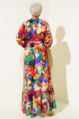 Karışık Desen Boydan Düğmeli Elbise Hardal - Tesettür Elbise