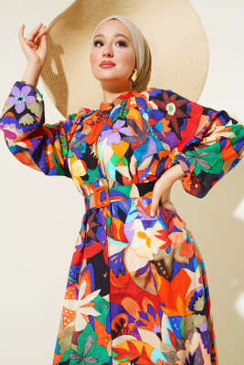 Karışık Desen Boydan Düğmeli Elbise Hardal - Tesettür Elbise