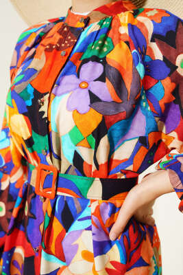 Karışık Desen Boydan Düğmeli Elbise Hardal - Tesettür Elbise