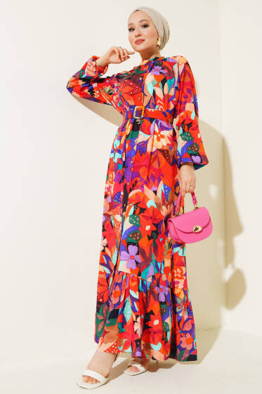 Karışık Desen Boydan Düğmeli Elbise Kiremit - Tesettür Elbise