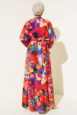 Karışık Desen Boydan Düğmeli Elbise Kiremit - Tesettür Elbise