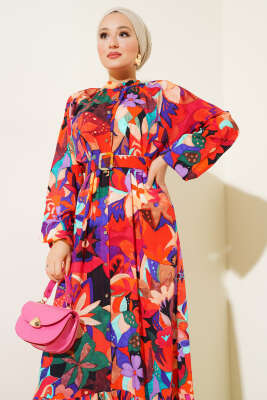 Karışık Desen Boydan Düğmeli Elbise Kiremit - Tesettür Elbise
