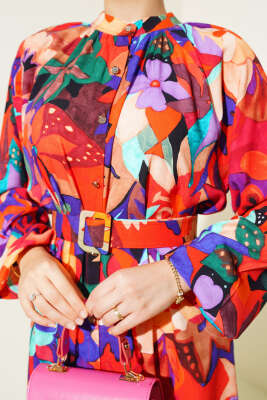 Karışık Desen Boydan Düğmeli Elbise Kiremit - Tesettür Elbise