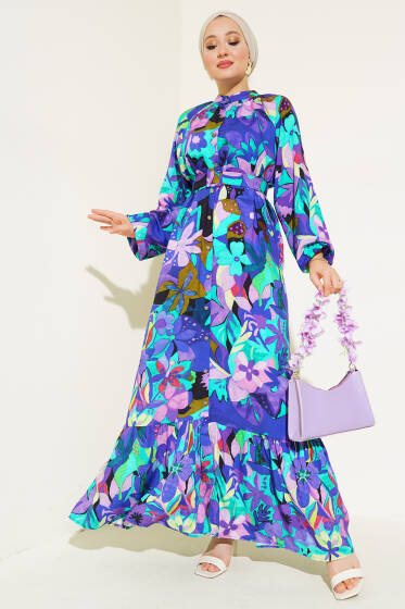 Karışık Desen Boydan Düğmeli Elbise Mor - Tesettür Elbise