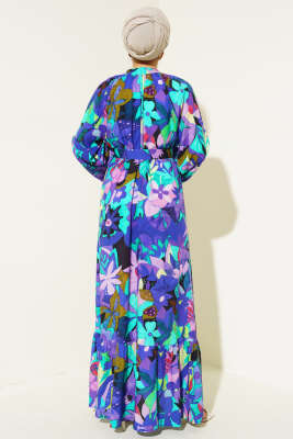 Karışık Desen Boydan Düğmeli Elbise Mor - Tesettür Elbise