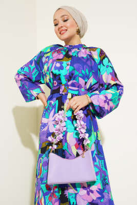 Karışık Desen Boydan Düğmeli Elbise Mor - Tesettür Elbise