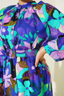 Karışık Desen Boydan Düğmeli Elbise Mor - Tesettür Elbise