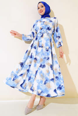 Karışık Desen Elbise Mavi - Thumbnail