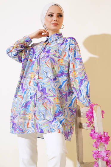 Karışık Desen Gömlek Saks - Gömlek