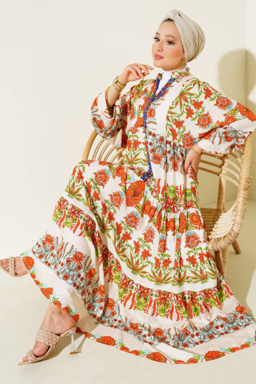 Karışık Desen Kat Salaş Elbise Bej - Elbise