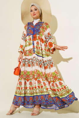 Karışık Desen Kat Salaş Elbise Bej Lacivert 