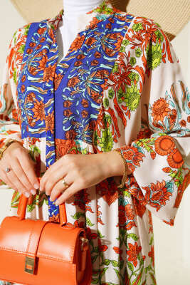 Karışık Desen Kat Salaş Elbise Bej Lacivert - Tesettür Elbise