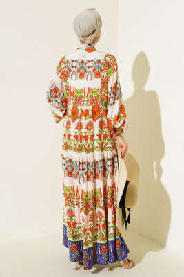 Karışık Desen Kat Salaş Elbise Bej Lacivert - Tesettür Elbise