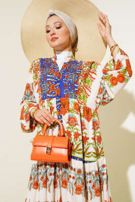 Karışık Desen Kat Salaş Elbise Bej Lacivert - Tesettür Elbise