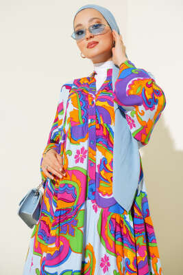 Karışık Desen Kat Salaş Elbise Fuşya - Tesettür Elbise