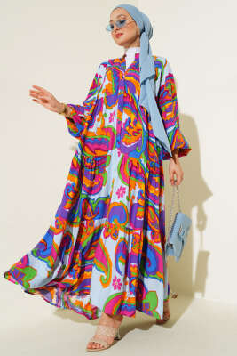 Karışık Desen Kat Salaş Elbise Fuşya 