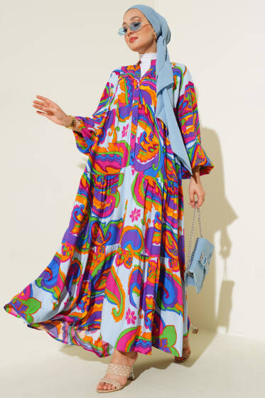 Karışık Desen Kat Salaş Elbise Fuşya - Tesettür Elbise