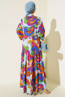 Karışık Desen Kat Salaş Elbise Fuşya - Tesettür Elbise