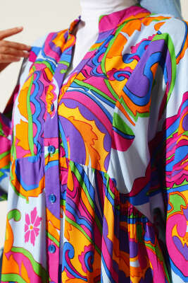 Karışık Desen Kat Salaş Elbise Fuşya - Tesettür Elbise