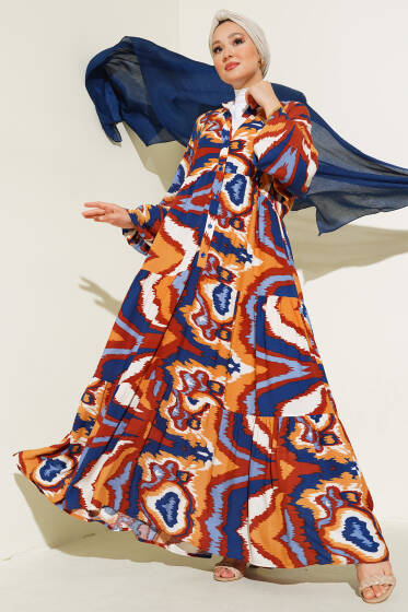 Karışık Desen Kat Salaş Elbise Lacivert - Tesettür Elbise