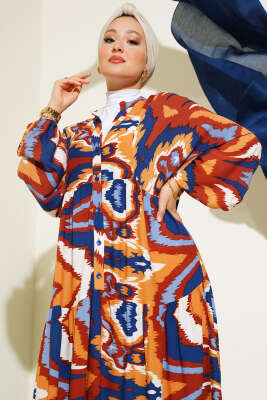 Karışık Desen Kat Salaş Elbise Lacivert - Tesettür Elbise