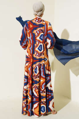 Karışık Desen Kat Salaş Elbise Lacivert - Tesettür Elbise