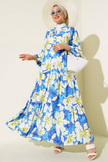 Karışık Desen Kat Salaş Elbise Saks - Elbise