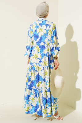 Karışık Desen Kat Salaş Elbise Saks - Tesettür Elbise