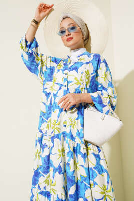 Karışık Desen Kat Salaş Elbise Saks - Tesettür Elbise