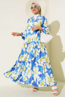 Karışık Desen Kat Salaş Elbise Saks - Tesettür Elbise