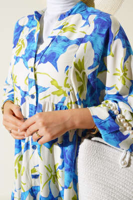 Karışık Desen Kat Salaş Elbise Saks - Tesettür Elbise