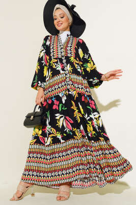 Karışık Desen Kat Salaş Elbise Siyah Desenli 