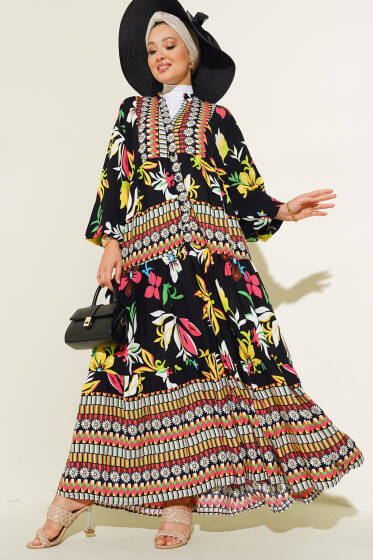 Karışık Desen Kat Salaş Elbise Siyah Desenli - Tesettür Elbise