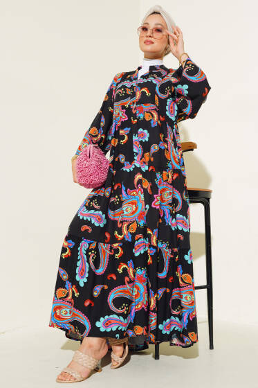 Karışık Desen Kat Salaş Elbise Siyah Taba - Elbise