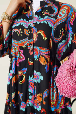 Karışık Desen Kat Salaş Elbise Siyah Taba - Tesettür Elbise