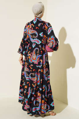 Karışık Desen Kat Salaş Elbise Siyah Taba - Tesettür Elbise