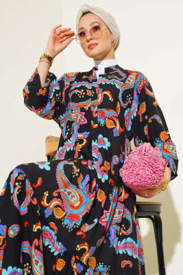 Karışık Desen Kat Salaş Elbise Siyah Taba - Tesettür Elbise