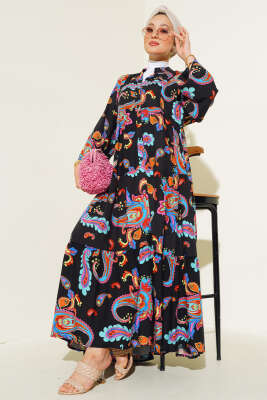 Karışık Desen Kat Salaş Elbise Siyah Taba 